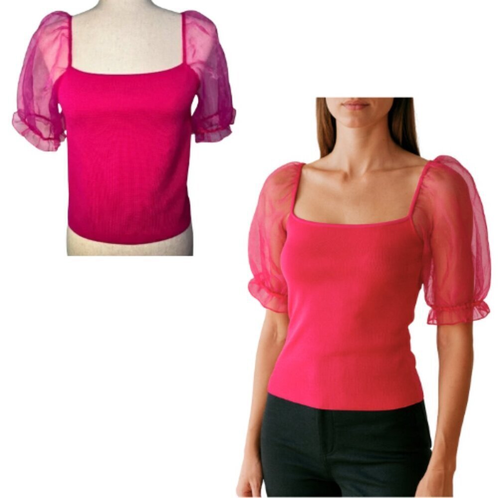 HOUSE OF HARLOW 1960 Crewneck Ribbed Knit Crop Top w/ Sheer Puff Sleeves Size M